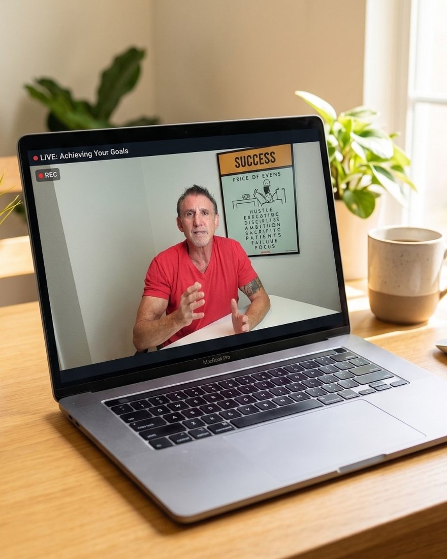 Dan Dares coaching live on a video call from a bright home office